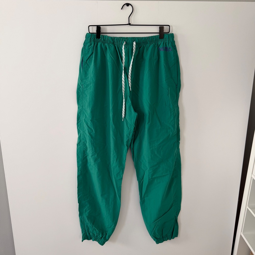 Nautica Vintage Mens Green Nylon Track Pants Joggers Purple Logo Size L